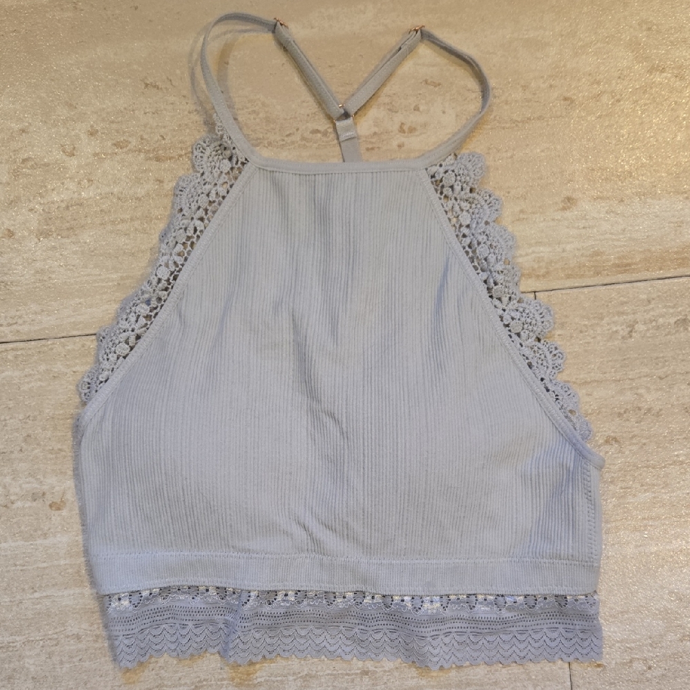 New Fornia Light Gray Strappy Back Lace Accent High Neck Bralette